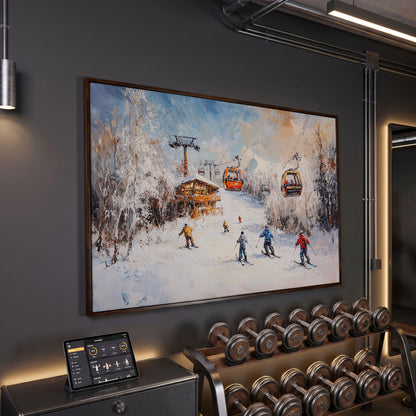 Snowy Mountain Skiing Canvas in dark walnut floating frame