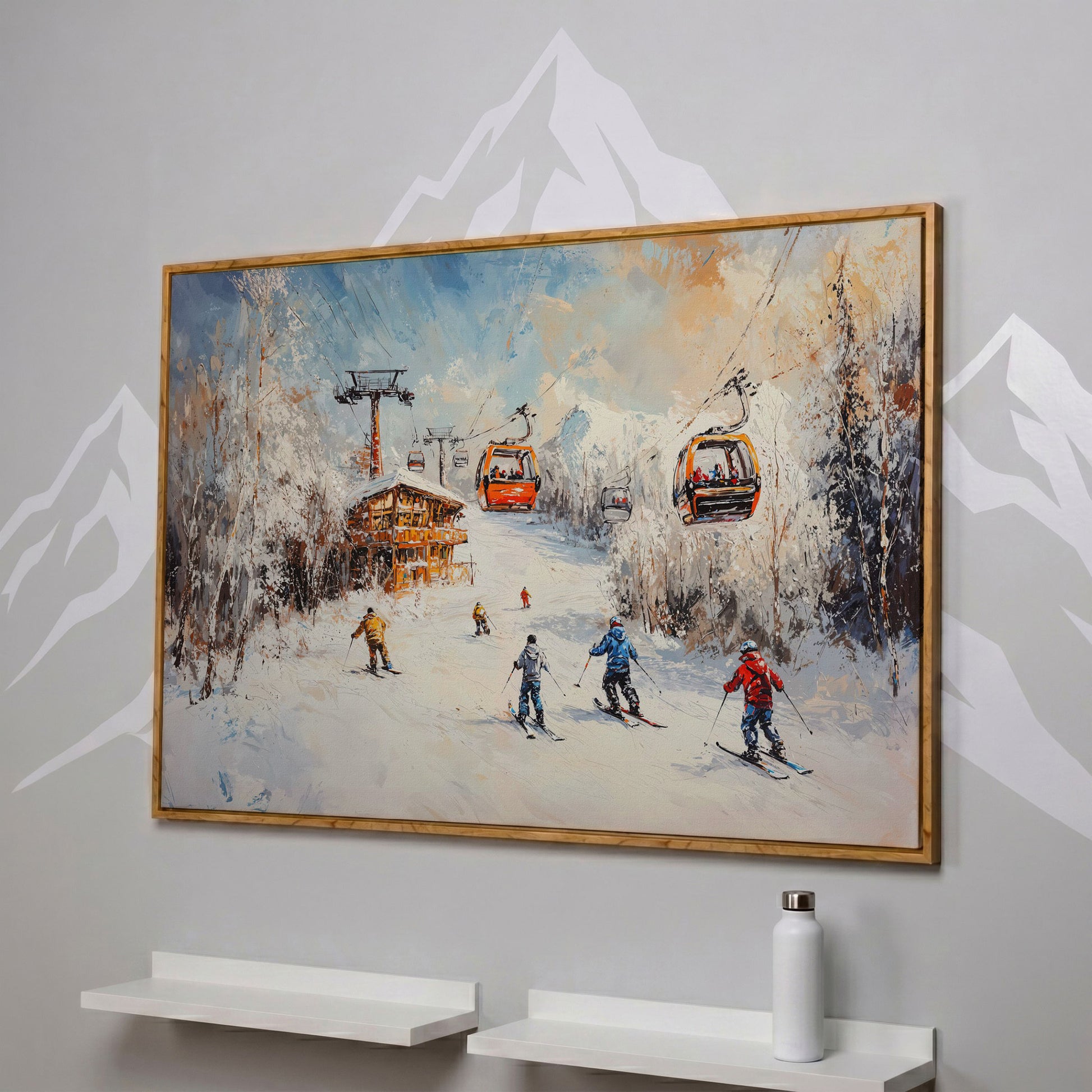 Snowy Mountain Skiing Canvas in white oak floating frame