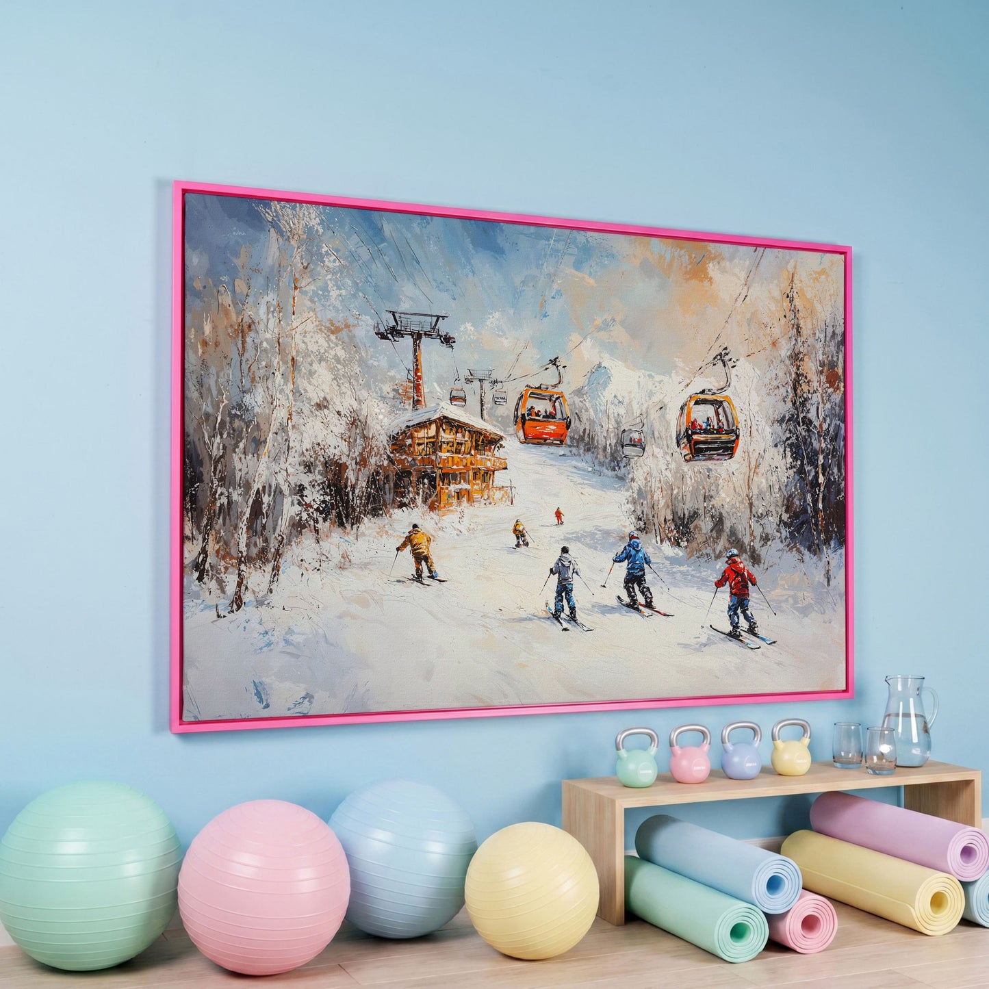 Snowy Mountain Skiing Canvas in pink floating frame