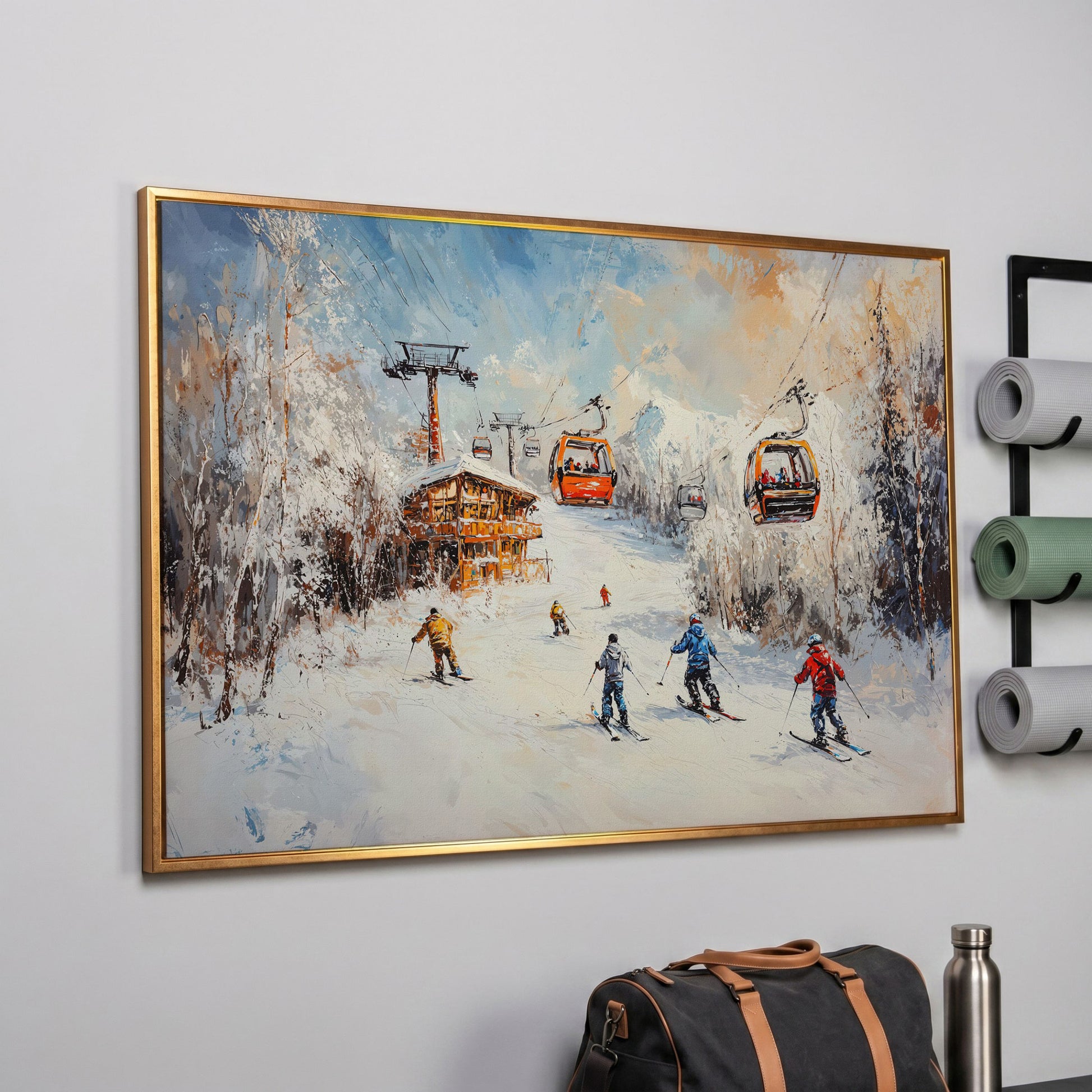 Snowy Mountain Skiing Canvas in rose gold floating frame