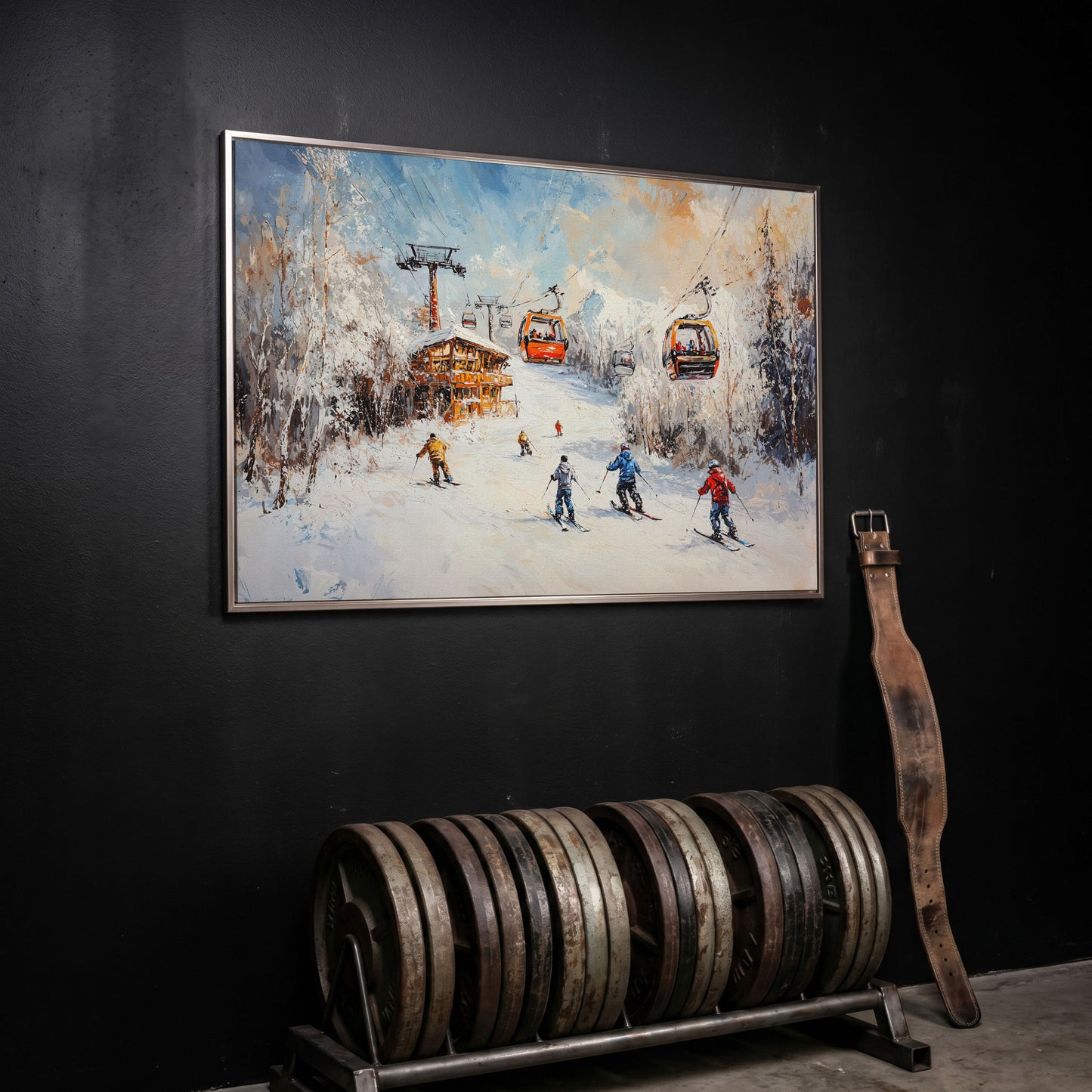Snowy Mountain Skiing Canvas in silver floating frame