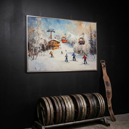 Snowy Mountain Skiing Canvas in silver floating frame
