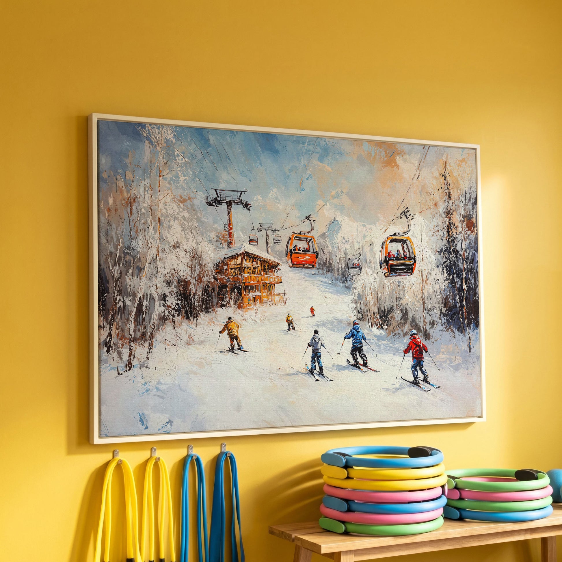 Snowy Mountain Skiing Canvas in white floating frame