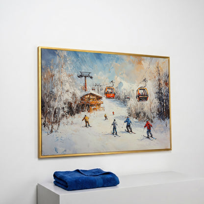 Snowy Mountain Skiing Canvas in yellow gold floating frame