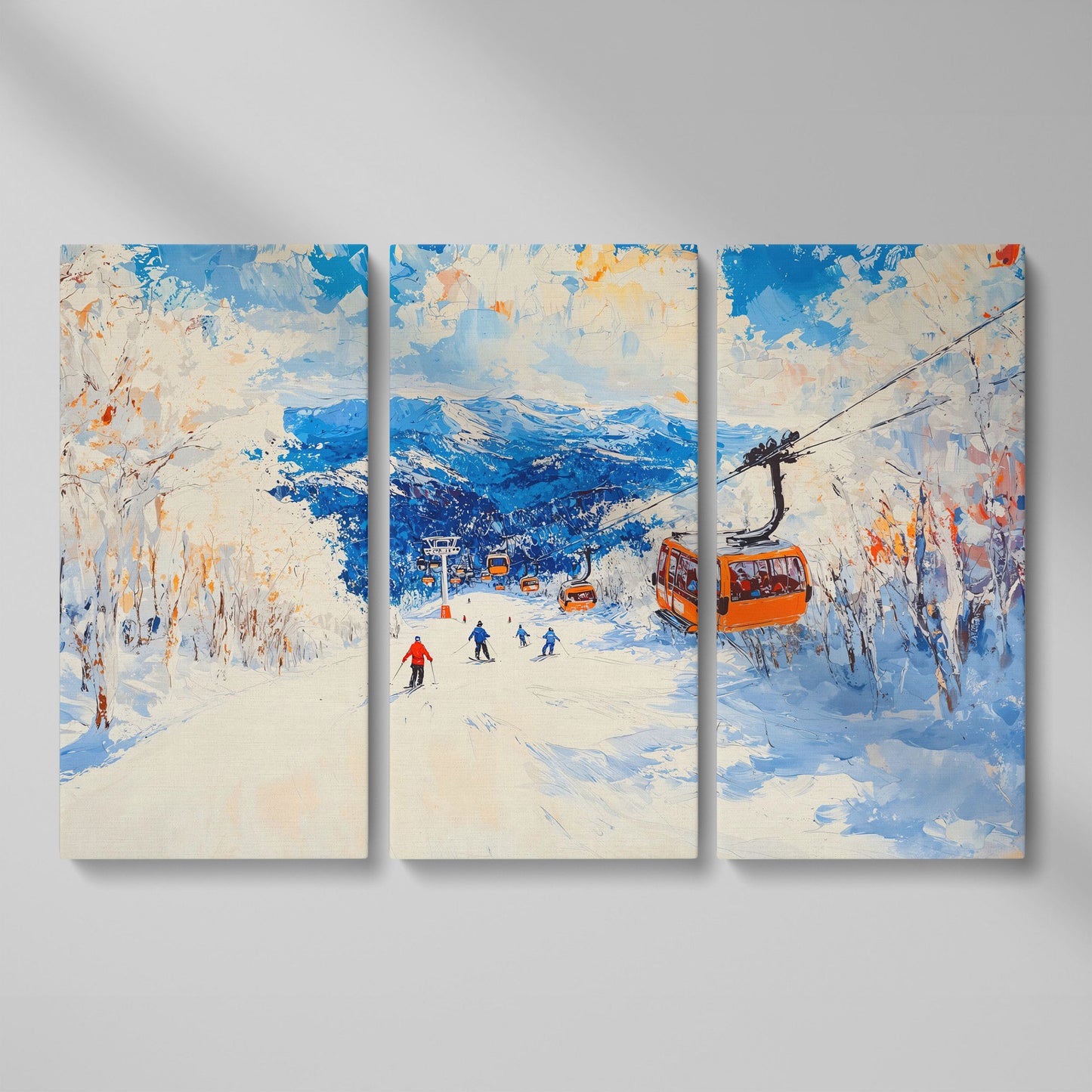 Snowy Mountain Ski Resort Canvas with Cerulean Sky as 3-panel split version