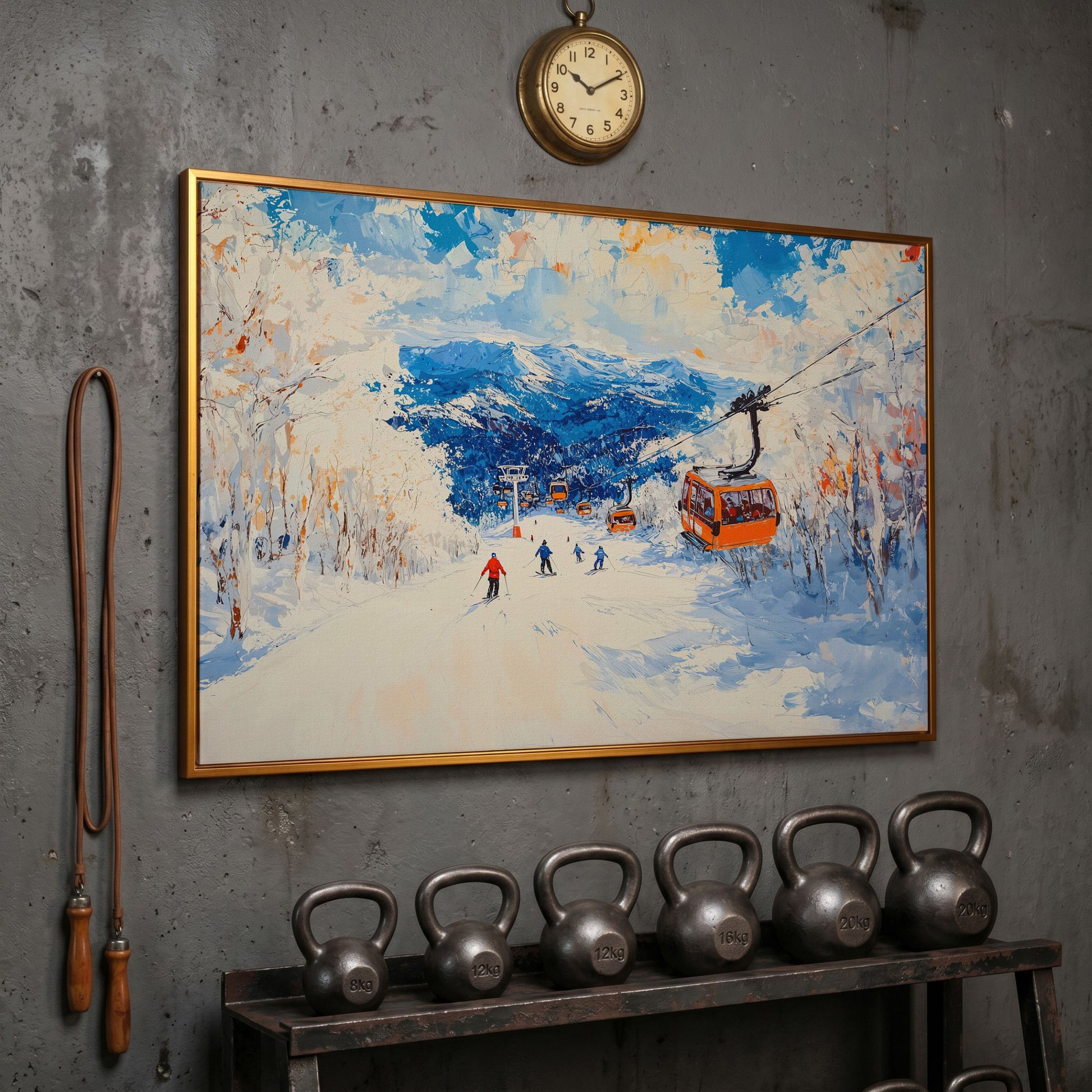 Snowy Mountain Ski Resort Canvas with Cerulean Sky in antique gold floating frame