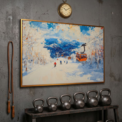 Snowy Mountain Ski Resort Canvas with Cerulean Sky in antique gold floating frame