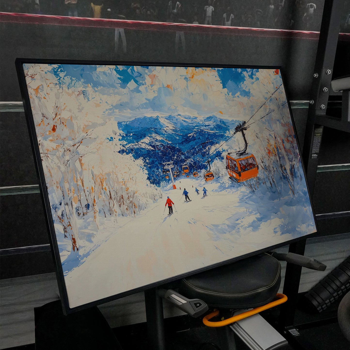 Snowy Mountain Ski Resort Canvas with Cerulean Sky in black floating frame