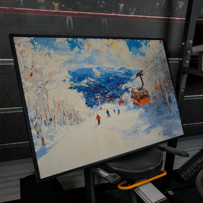 Snowy Mountain Ski Resort Canvas with Cerulean Sky in black floating frame
