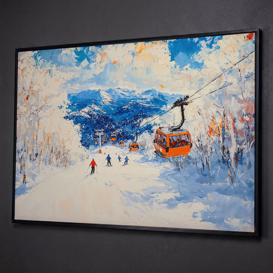 Snowy Mountain Ski Resort Canvas with Cerulean Sky shown in black floating frame