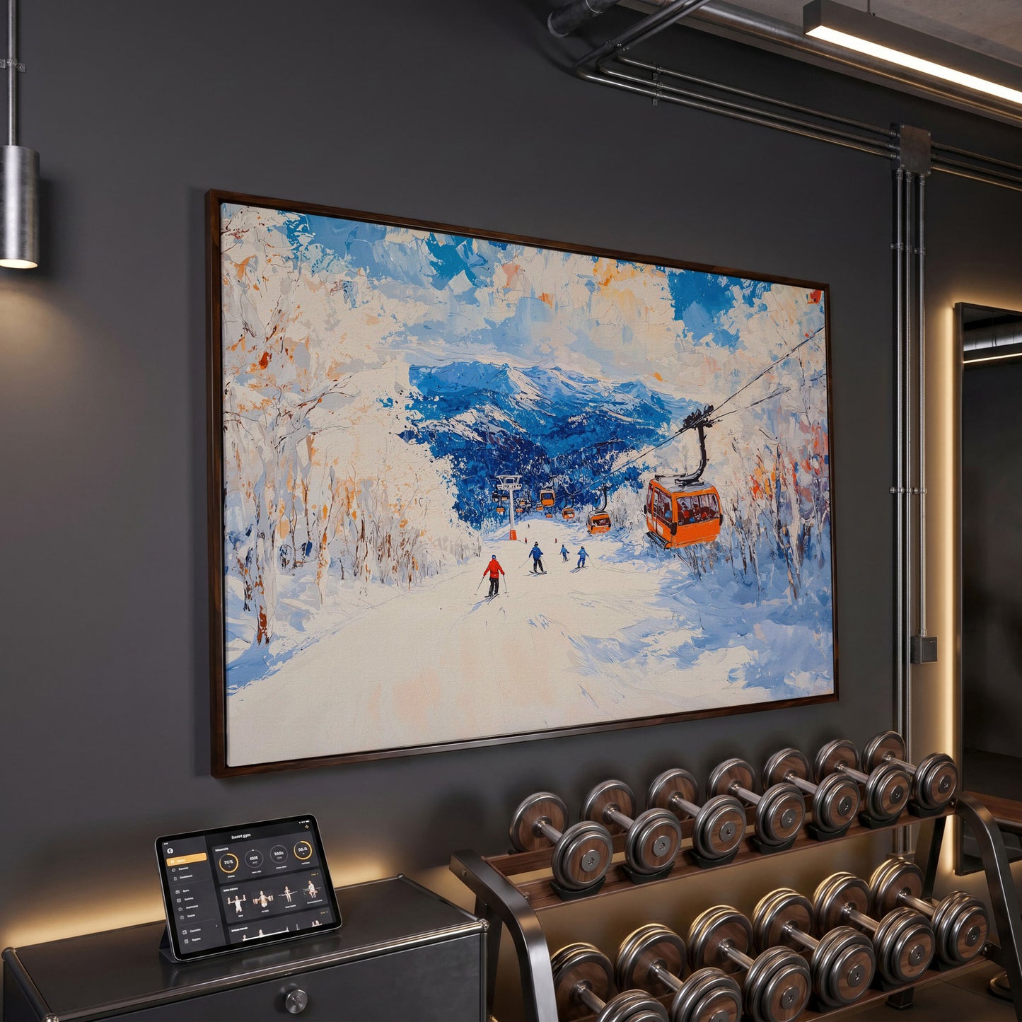 Snowy Mountain Ski Resort Canvas with Cerulean Sky in dark walnut floating frame