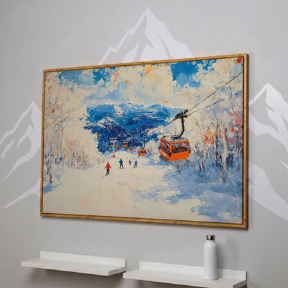 Snowy Mountain Ski Resort Canvas with Cerulean Sky in white oak floating frame