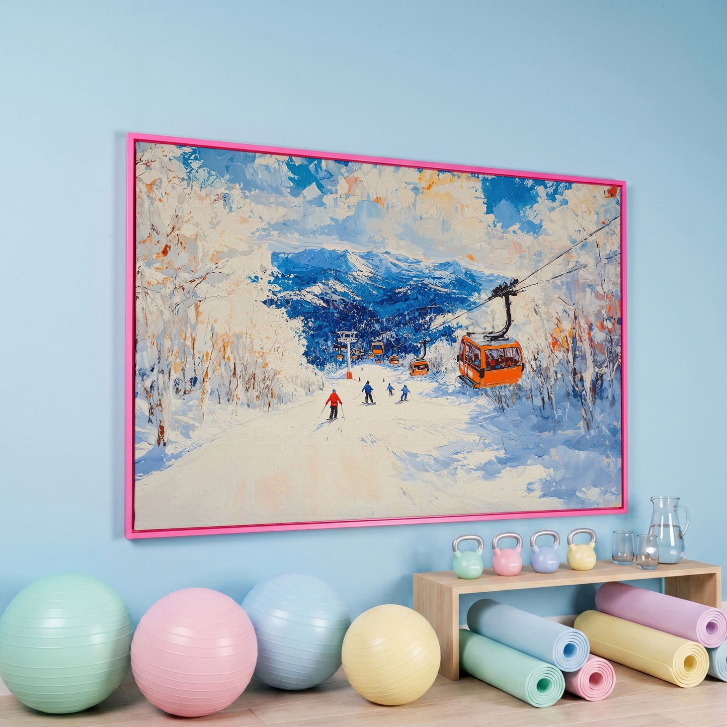 Snowy Mountain Ski Resort Canvas with Cerulean Sky in pink floating frame