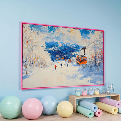 Snowy Mountain Ski Resort Canvas with Cerulean Sky in pink floating frame