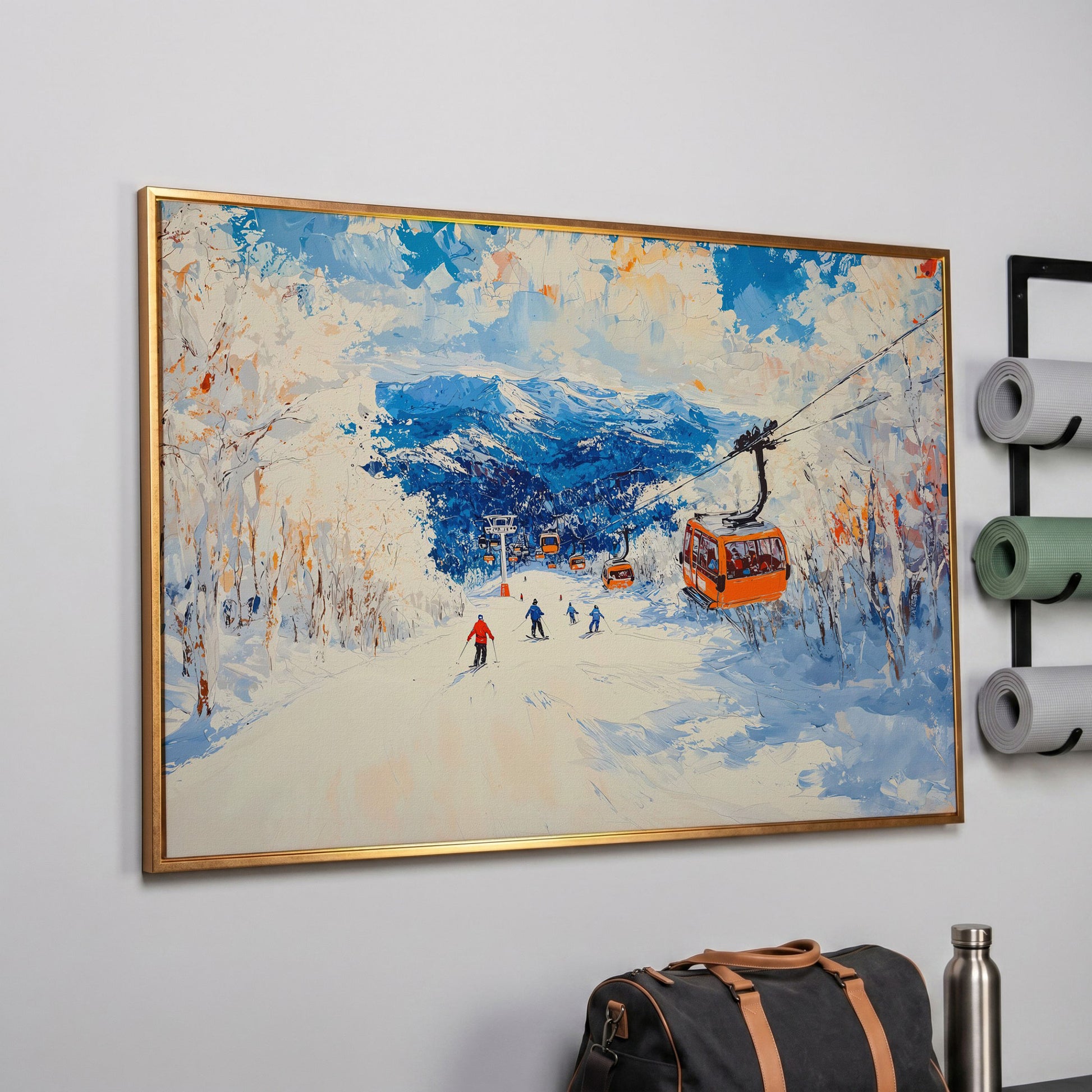 Snowy Mountain Ski Resort Canvas with Cerulean Sky in rose gold floating frame