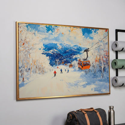 Snowy Mountain Ski Resort Canvas with Cerulean Sky in rose gold floating frame