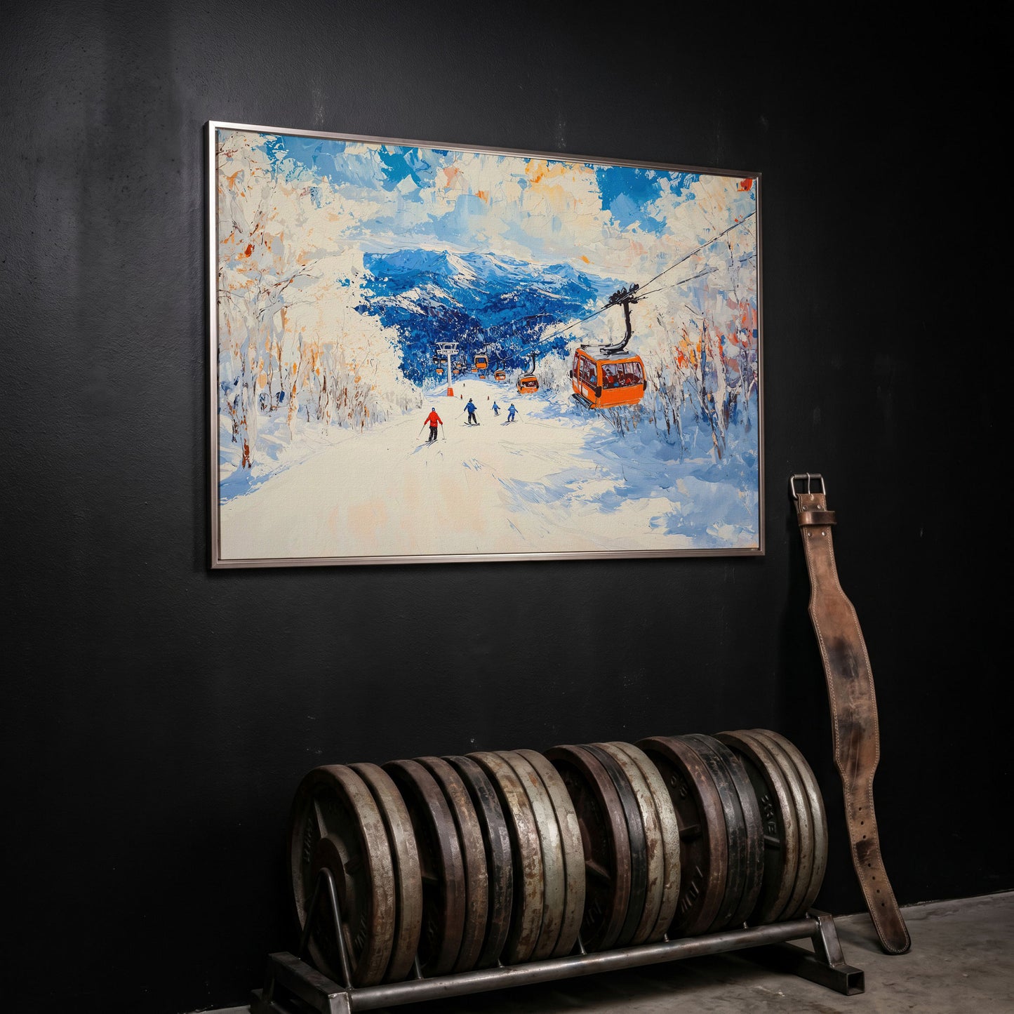 Snowy Mountain Ski Resort Canvas with Cerulean Sky in silver floating frame