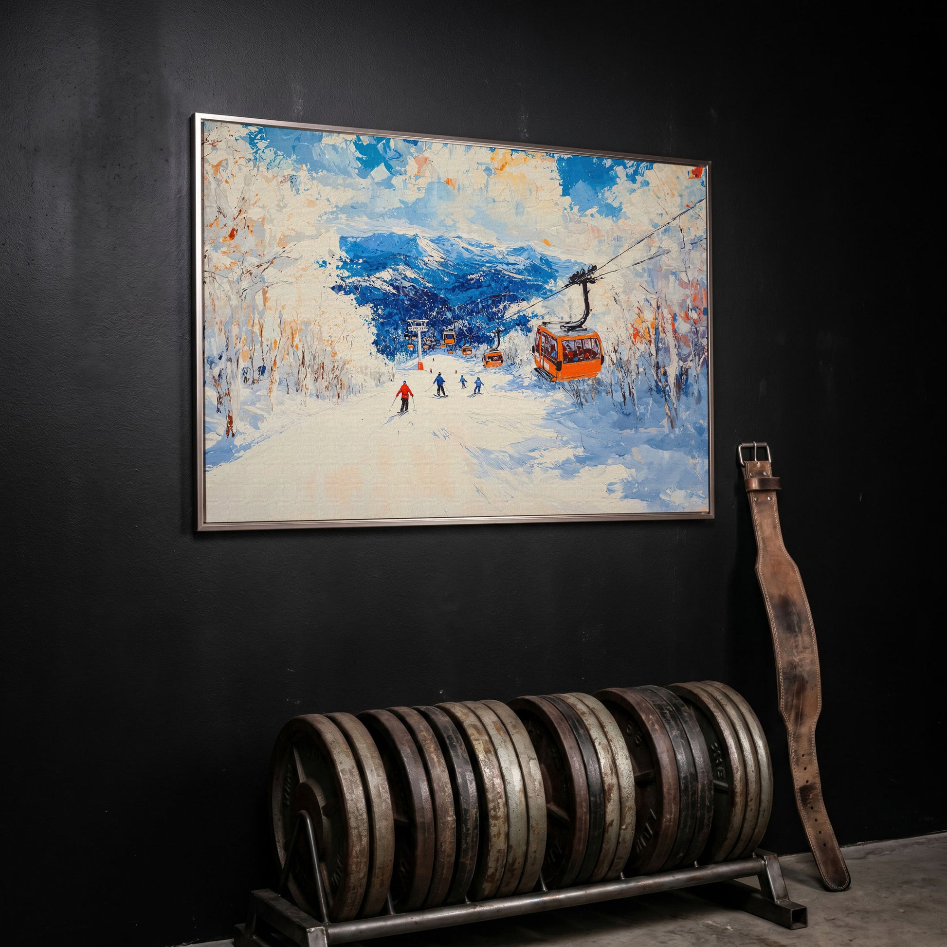 Snowy Mountain Ski Resort Canvas with Cerulean Sky in silver floating frame