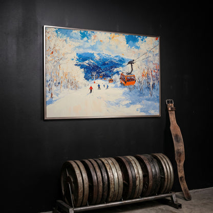 Snowy Mountain Ski Resort Canvas with Cerulean Sky in silver floating frame