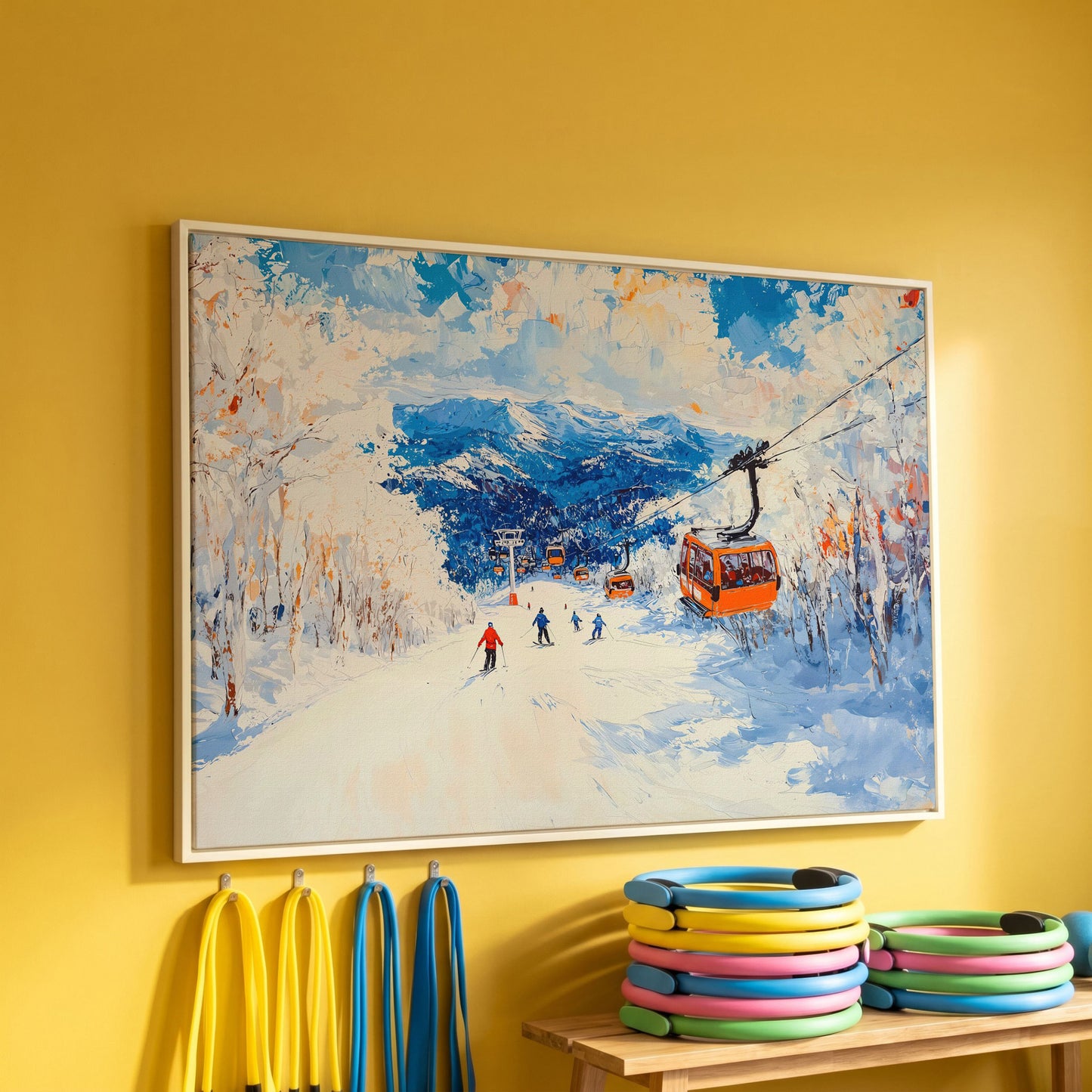Snowy Mountain Ski Resort Canvas with Cerulean Sky in white floating frame