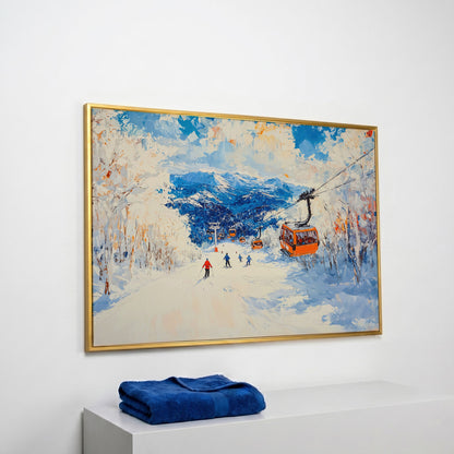 Snowy Mountain Ski Resort Canvas with Cerulean Sky in yellow gold floating frame