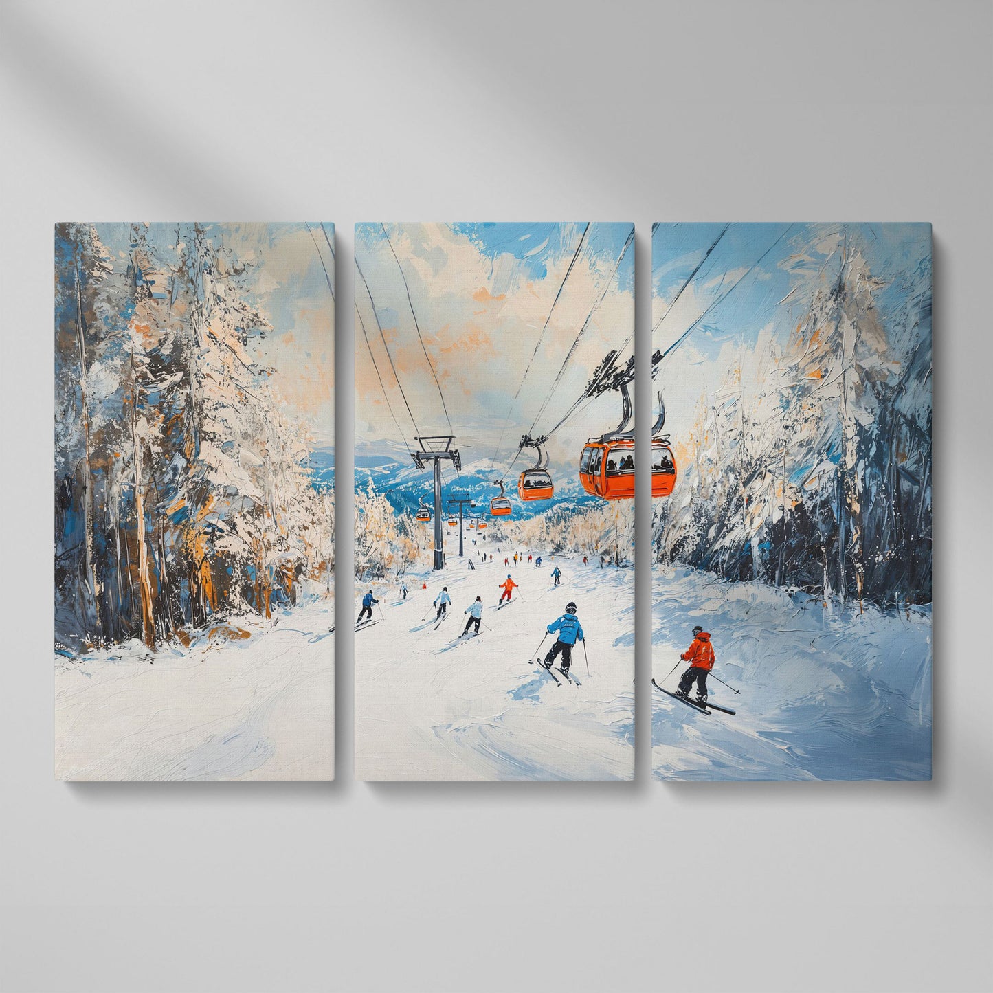 Ski Lift Canvas Print with Orange Gondola Alpine Scene as 3-panel split version