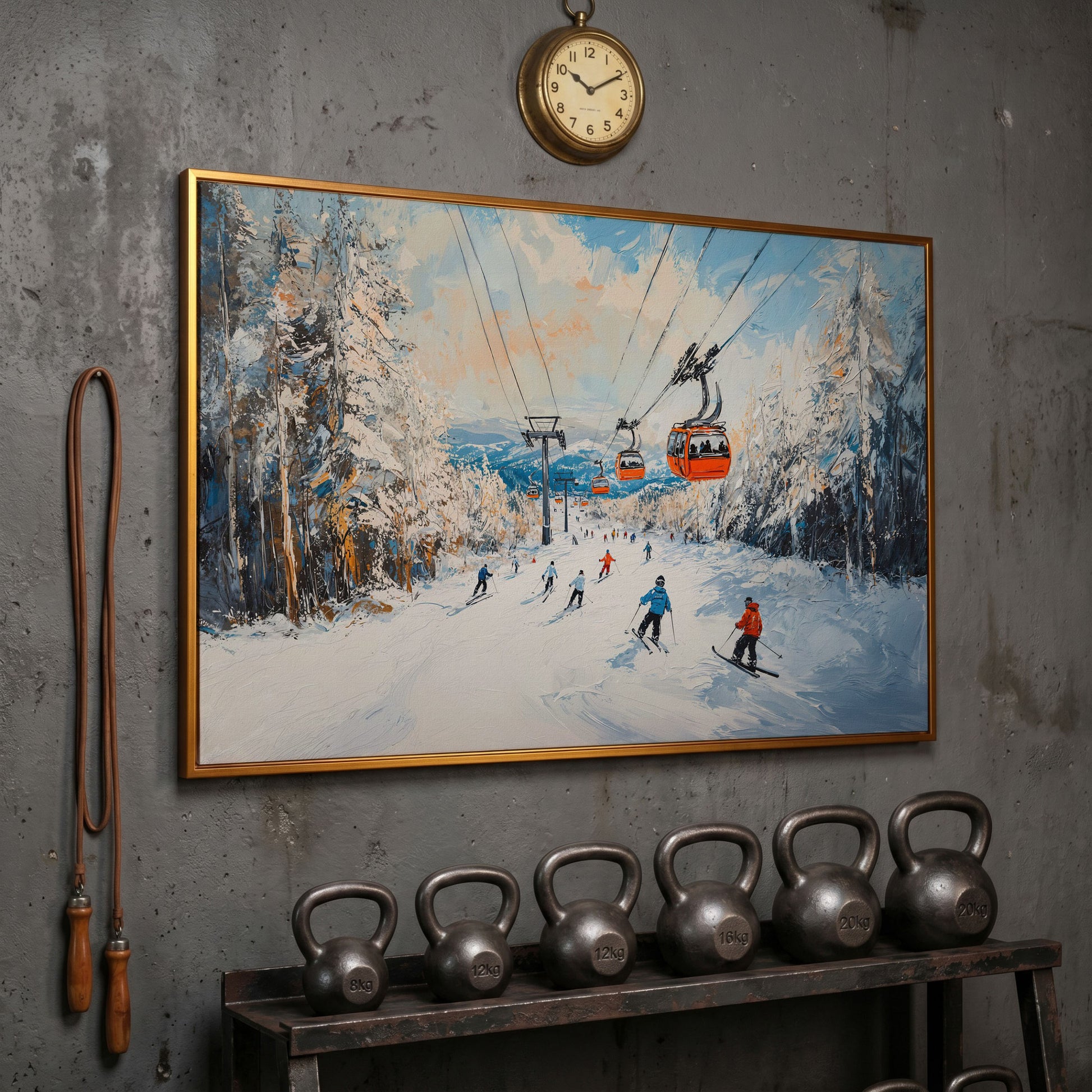 Ski Lift Canvas Print with Orange Gondola Alpine Scene in antique gold floating frame
