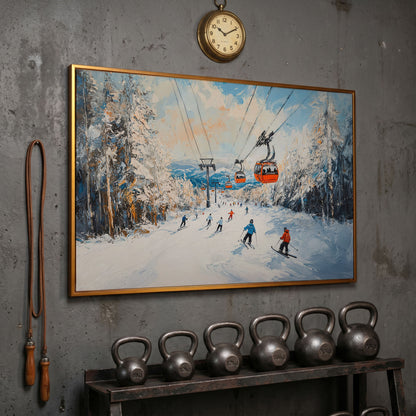 Ski Lift Canvas Print with Orange Gondola Alpine Scene in antique gold floating frame