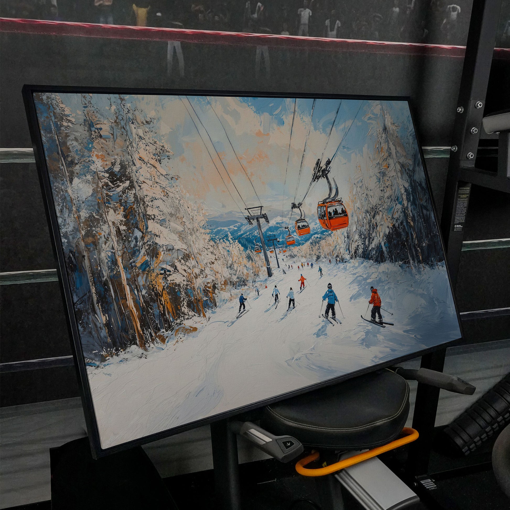 Ski Lift Canvas Print with Orange Gondola Alpine Scene in black floating frame