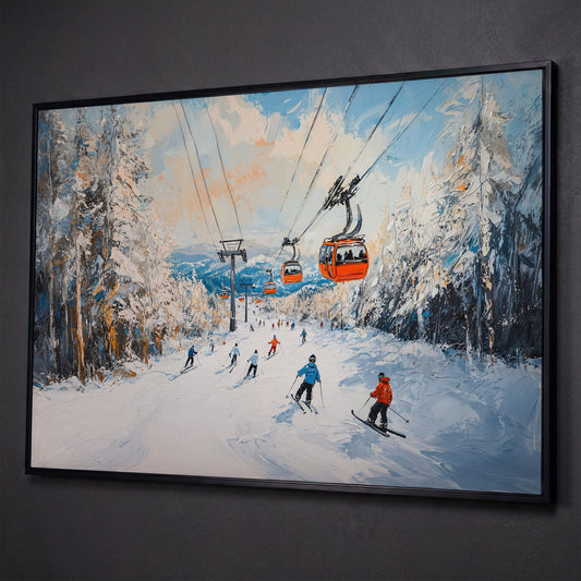 Ski Lift Canvas Print with Orange Gondola Alpine Scene shown in black floating frame