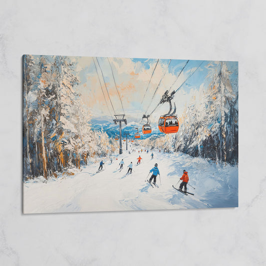 Ski Lift Canvas Print with Orange Gondola Alpine Scene on gallery wrap