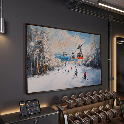 Ski Lift Canvas Print with Orange Gondola Alpine Scene in dark walnut floating frame