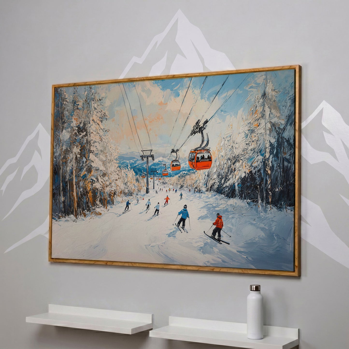 Ski Lift Canvas Print with Orange Gondola Alpine Scene in white oak floating frame