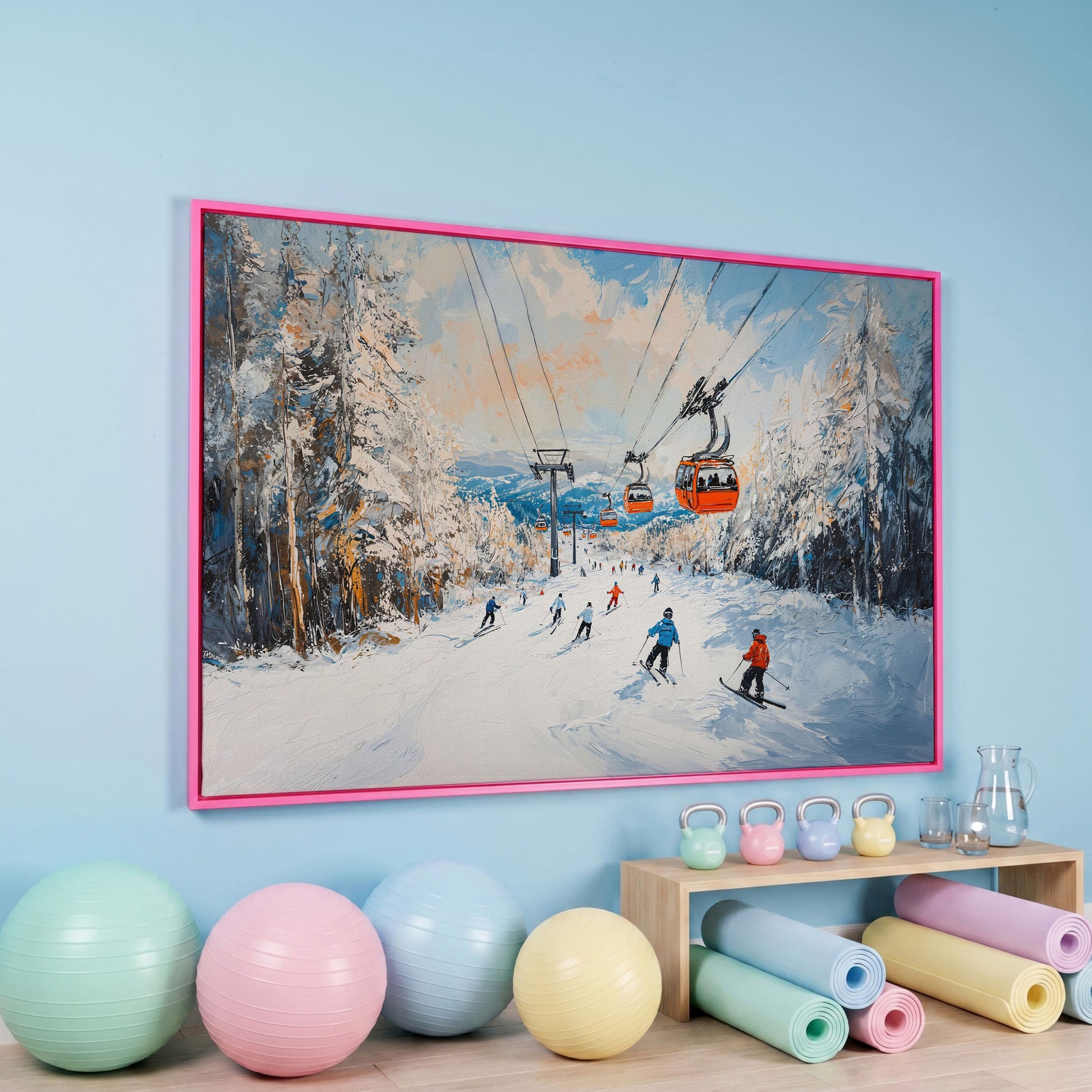 Ski Lift Canvas Print with Orange Gondola Alpine Scene in pink floating frame