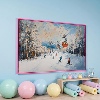 Ski Lift Canvas Print with Orange Gondola Alpine Scene in pink floating frame