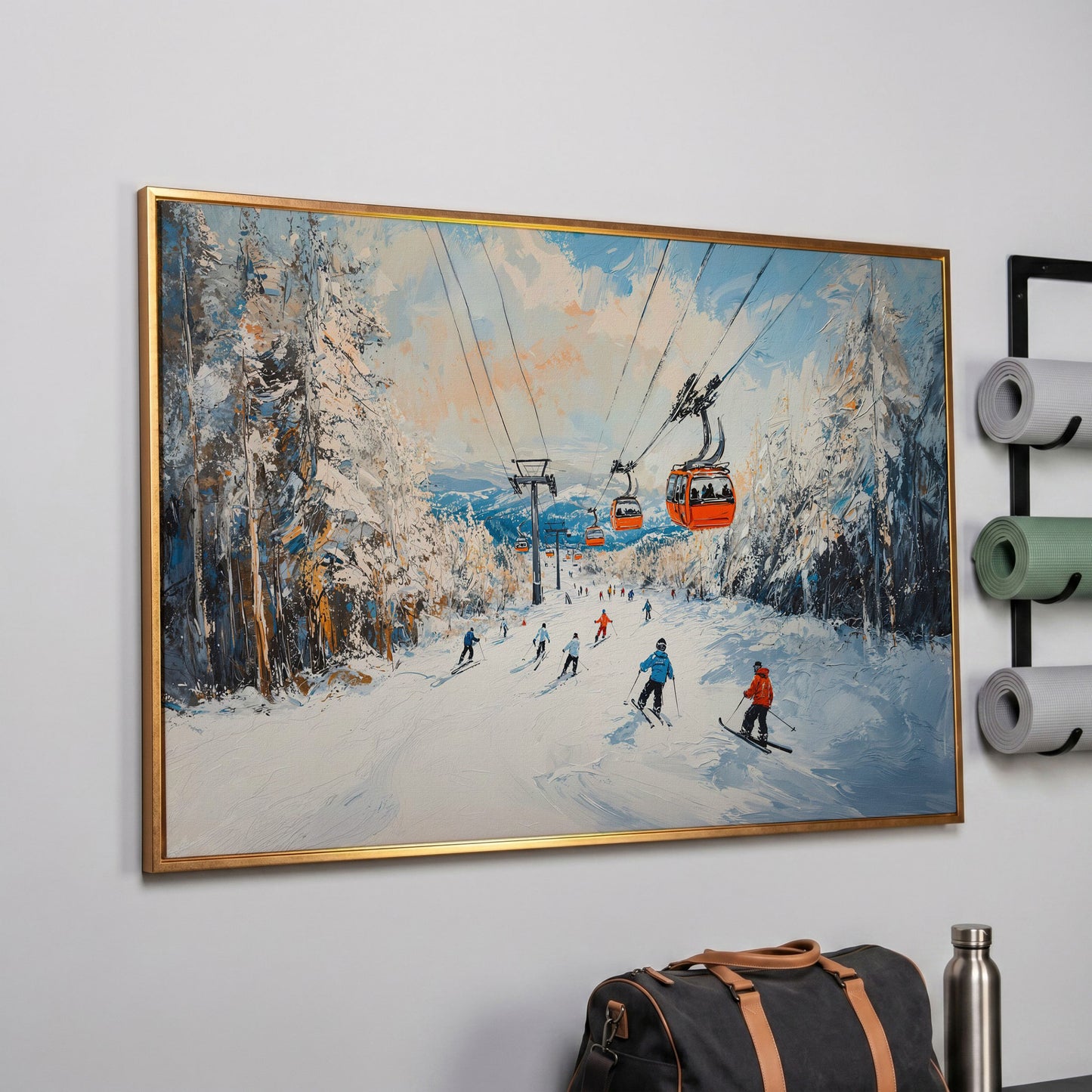 Ski Lift Canvas Print with Orange Gondola Alpine Scene in rose gold floating frame
