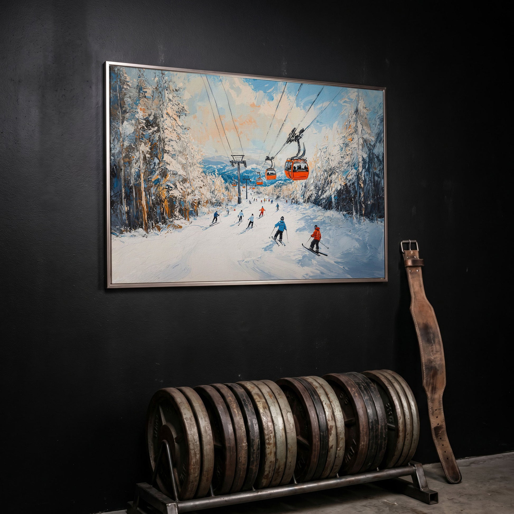 Ski Lift Canvas Print with Orange Gondola Alpine Scene in silver floating frame