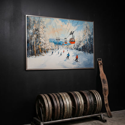 Ski Lift Canvas Print with Orange Gondola Alpine Scene in silver floating frame