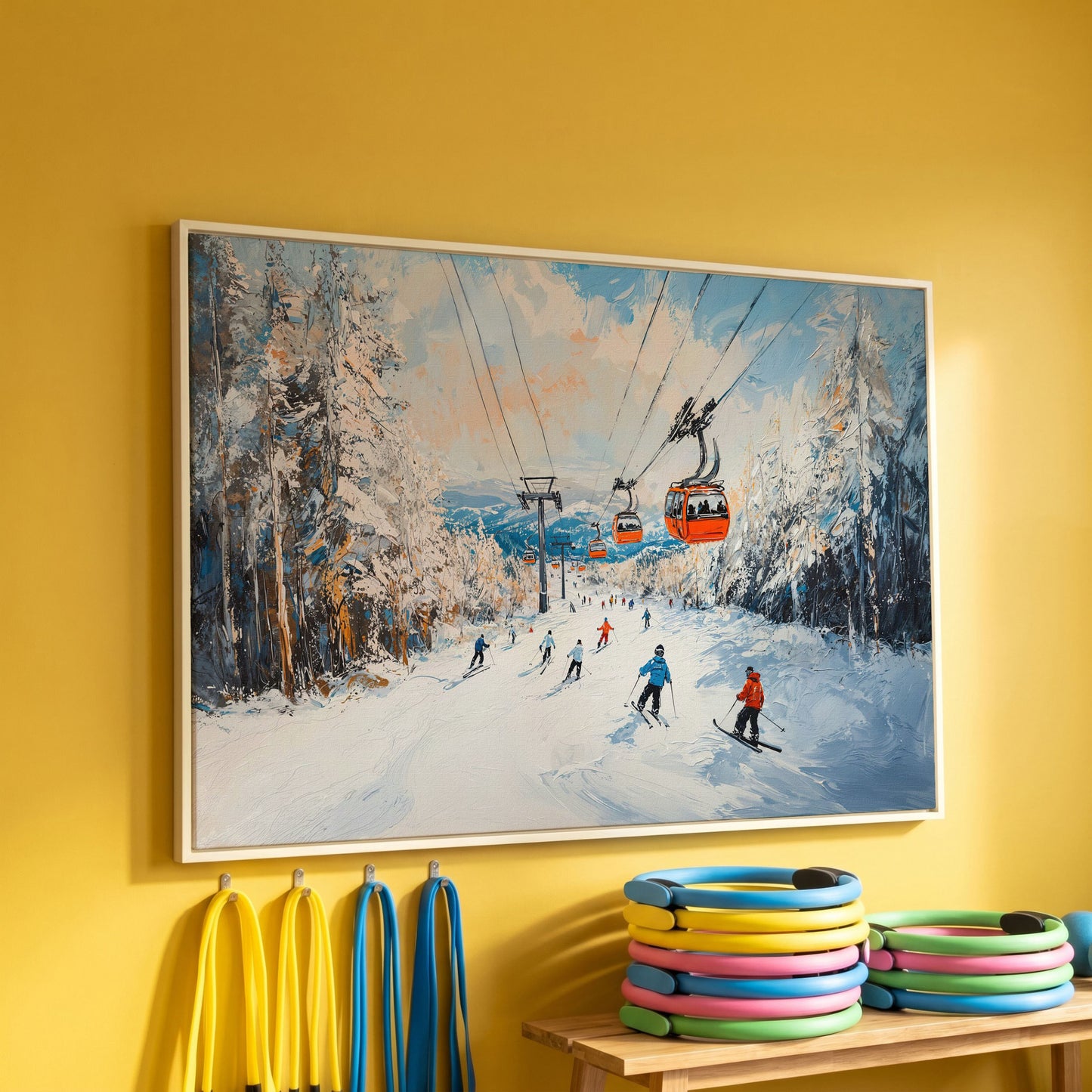 Ski Lift Canvas Print with Orange Gondola Alpine Scene in white floating frame