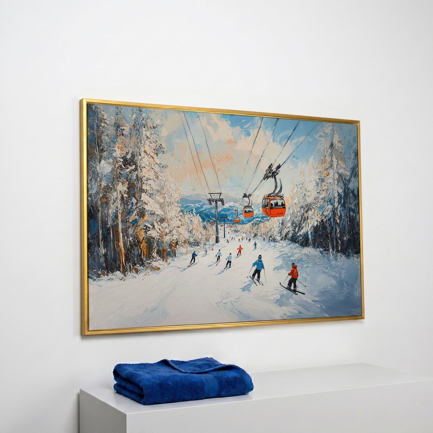 Ski Lift Canvas Print with Orange Gondola Alpine Scene in yellow gold floating frame
