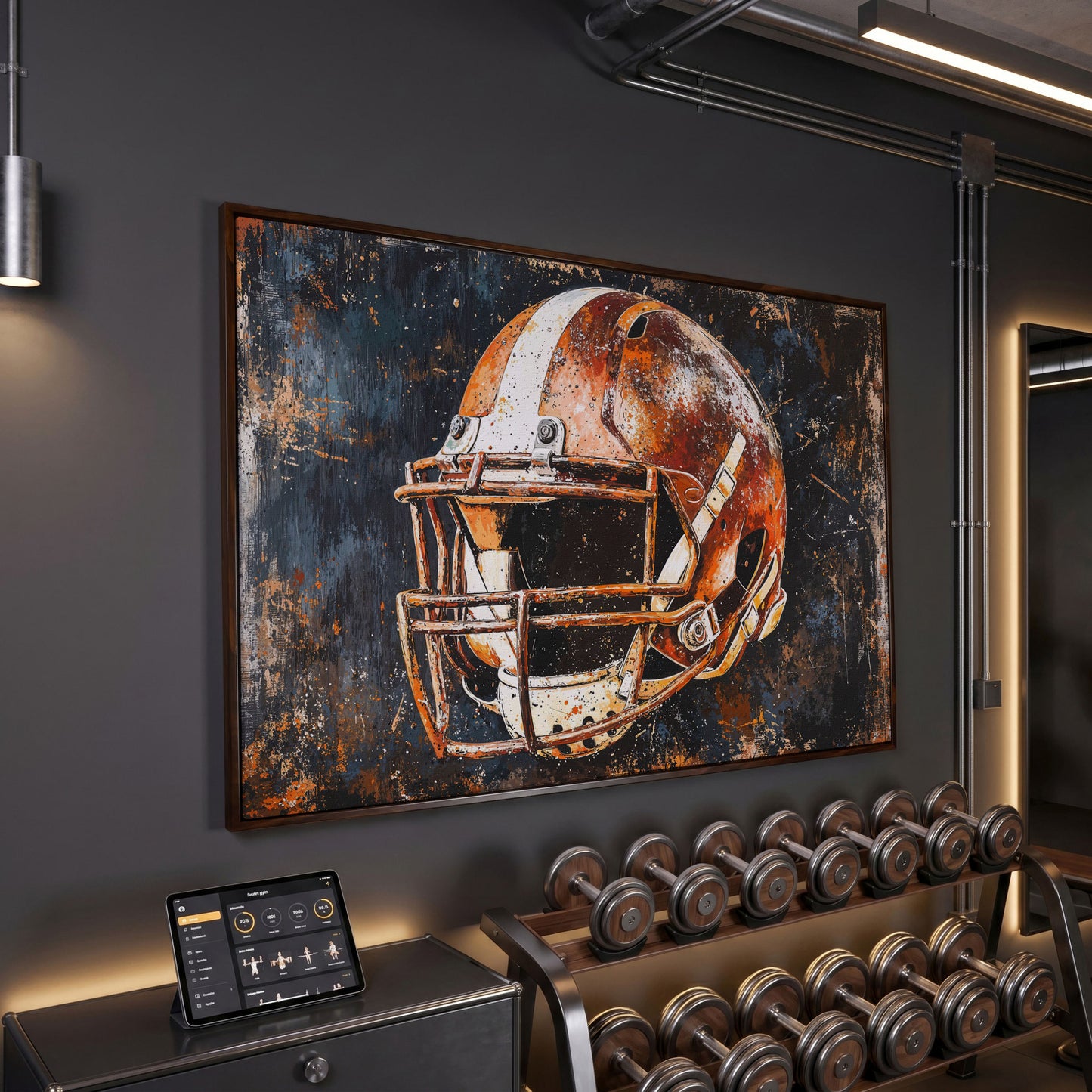 Football Helmet Abstract Canvas in dark walnut floating frame