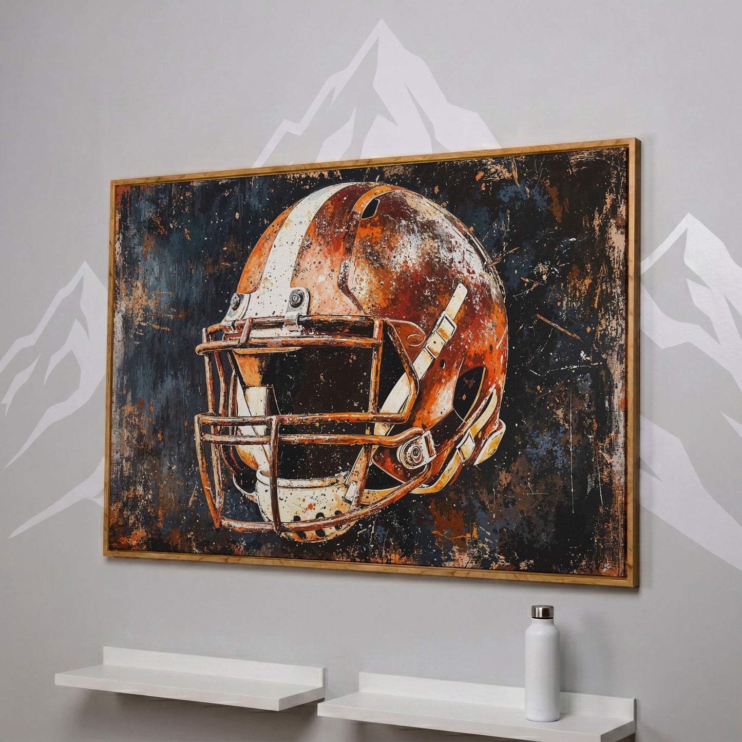 Football Helmet Abstract Canvas in white oak floating frame