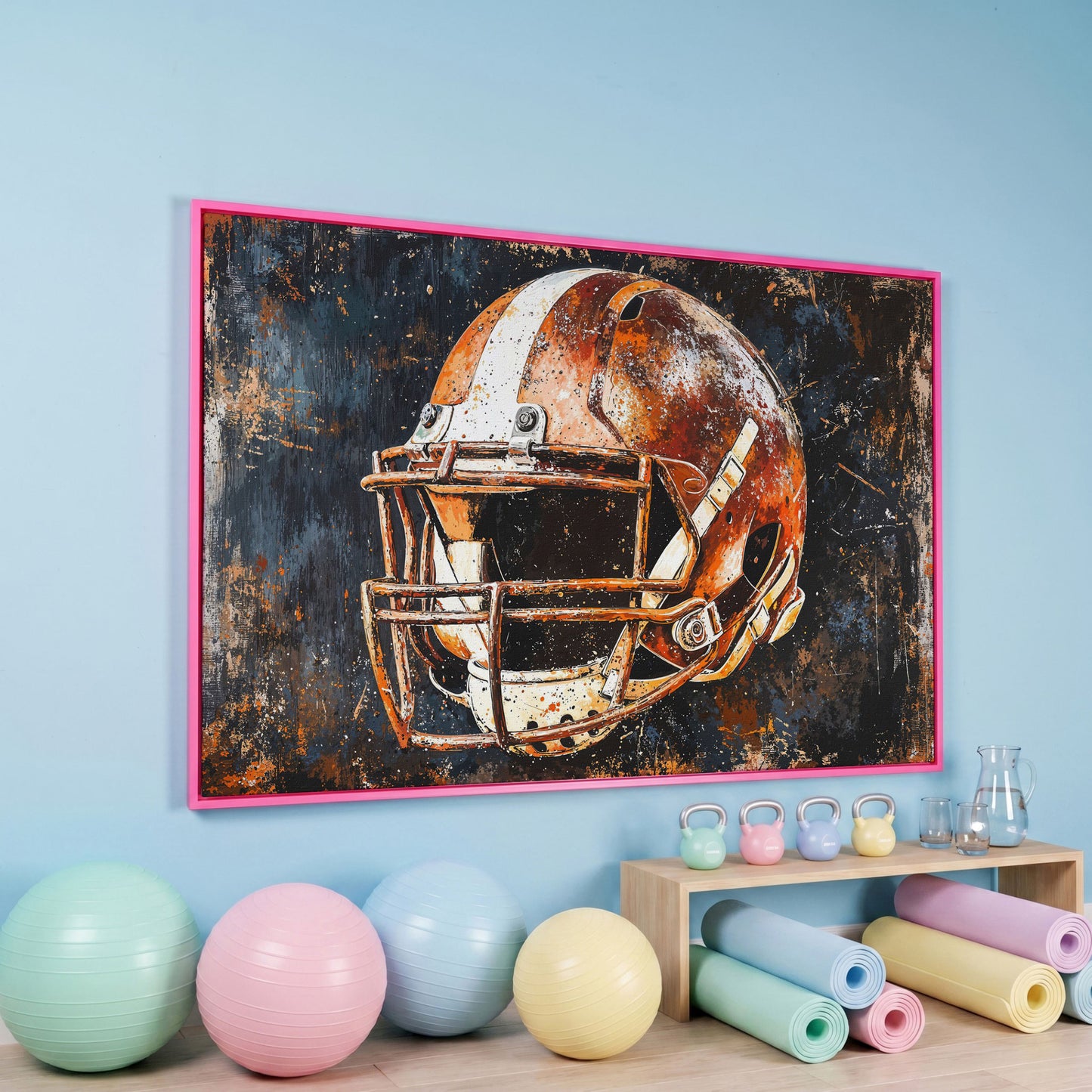 Football Helmet Abstract Canvas in pink floating frame