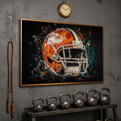 Football Helmet Abstract Canvas in Burnt Orange and Teal in antique gold floating frame
