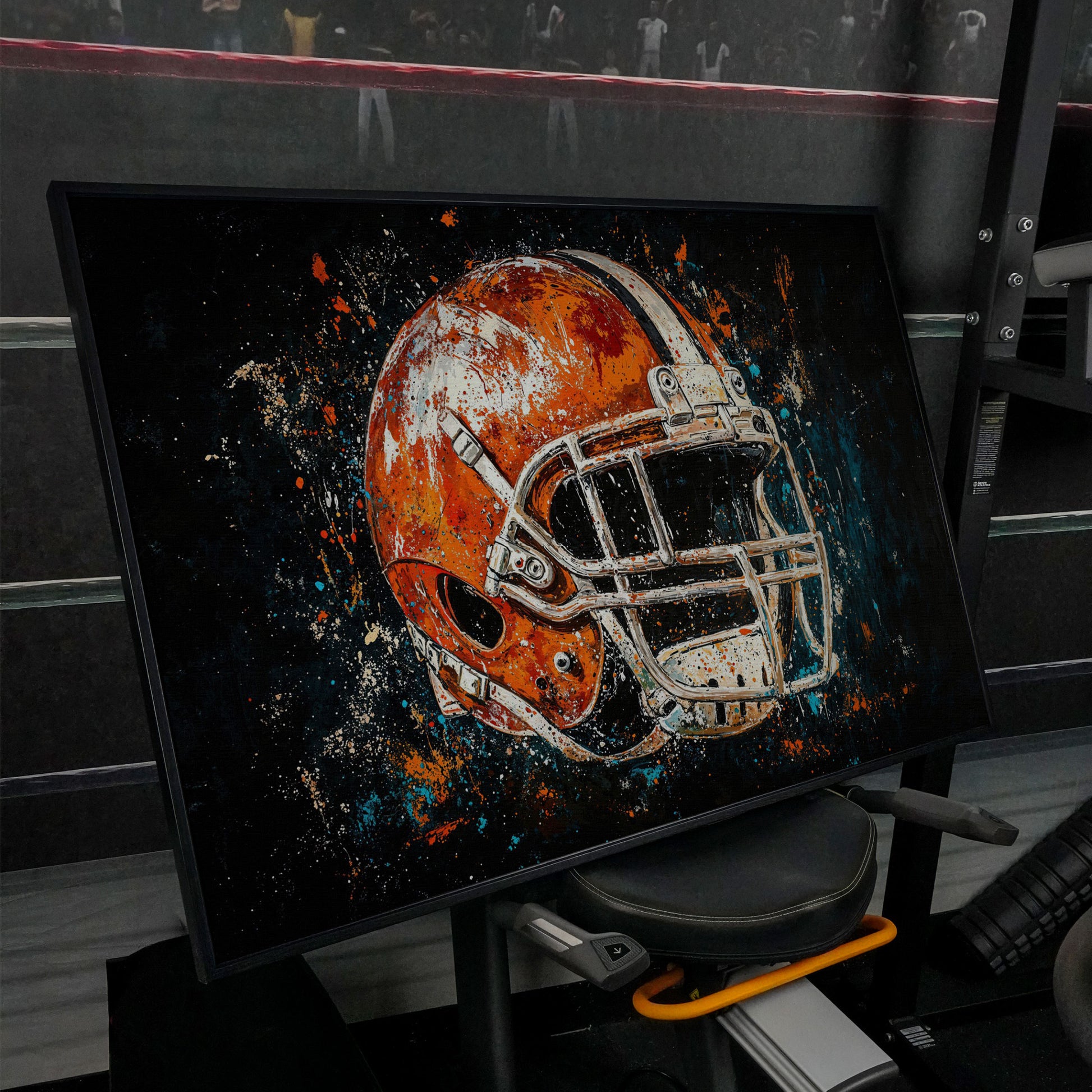 Football Helmet Abstract Canvas in Burnt Orange and Teal in black floating frame