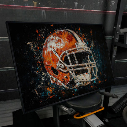 Football Helmet Abstract Canvas in Burnt Orange and Teal in black floating frame