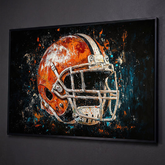 Football Helmet Abstract Canvas in Burnt Orange and Teal shown in black floating frame