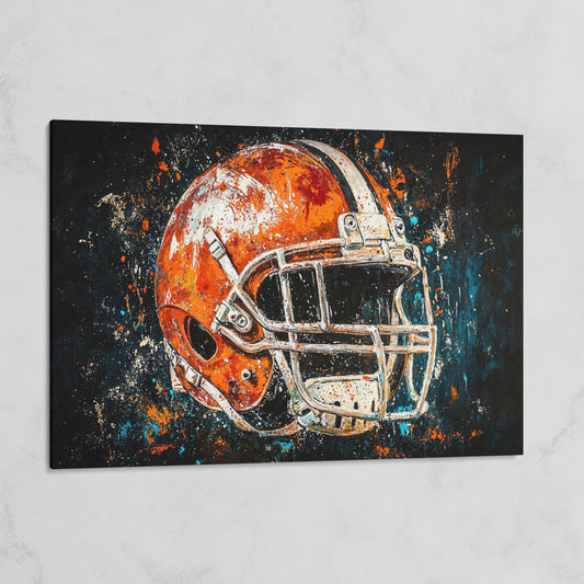 Football Helmet Abstract Canvas in Burnt Orange and Teal on gallery wrap
