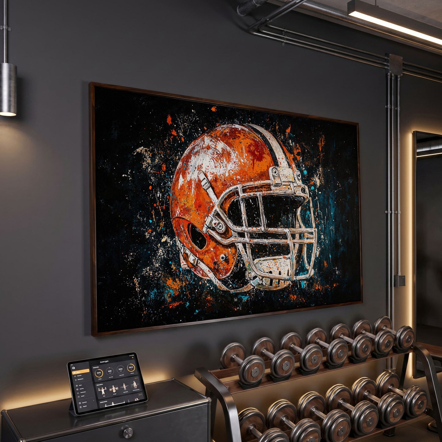 Football Helmet Abstract Canvas in Burnt Orange and Teal in dark walnut floating frame