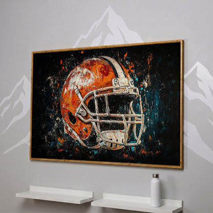 Football Helmet Abstract Canvas in Burnt Orange and Teal in white oak floating frame